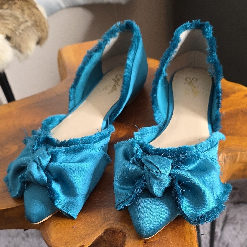 Seychelles Anthopologie Bed and Breakfast Bow Satin Blue Teal Flats 7.5